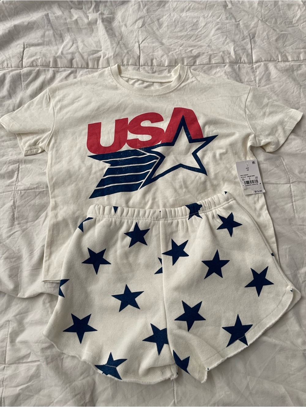 Target Kids White Tee and Navy Star Shorts Pajama Set with Red USA Graphic 5T